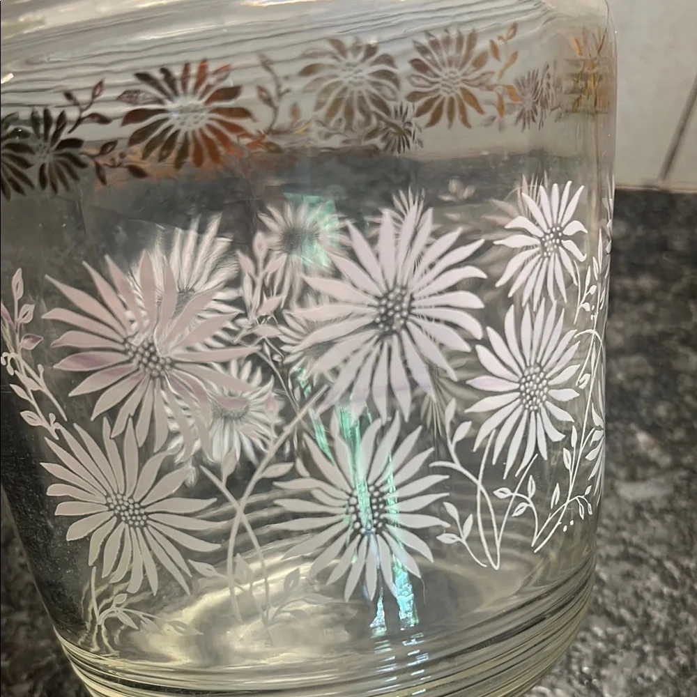 Hazel Atlas Clear Glass Pitcher with white Daisy Design